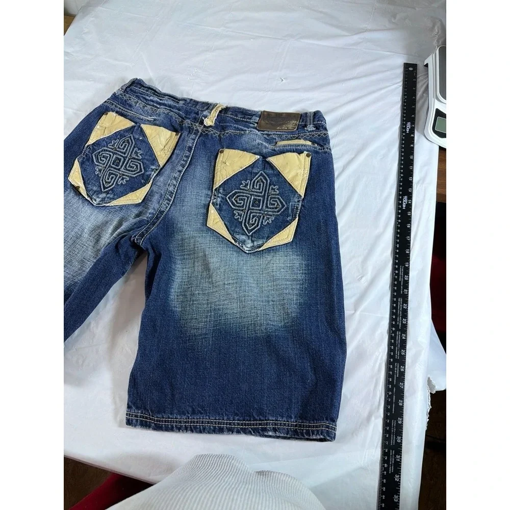 Akademiks Mens Denim Shorts‎ 38 Blue Embroidered Leather Trim Y2K Baggy Hip Hop
